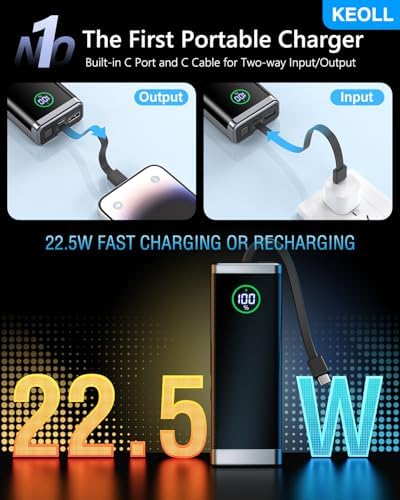 High-Capacity 40000 m Ah Portable Charger with Integrated USB-C Cable – 22.5 W Ultra-Fast Charging Power Bank for i Phone 16/15/14/13 & Galaxy S24/S22 – Sleek Black Design for On-the-Go Convenience and Dependability