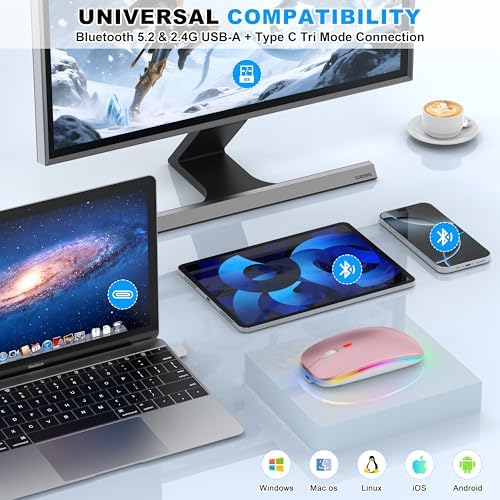 Sleek LED Bluetooth Wireless Mouse for Mac & PC – Rechargeable, RGB Light-Up Design with Dual Connectivity (BT5.2 + 2.4 G USB) – Slim, Portable Mouse with Jiggler Function for Work & Play – Enhanced Performance & Style in White