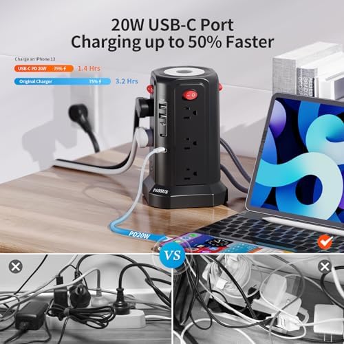 PASSUS 16 FT Long Surge Protector Power Strip with USB-C Fast Charging & Built-in Night Light – Versatile Charging Station for Home & Office with 4 USB Ports, Compact Tower Design, and Enhanced Surge Protection