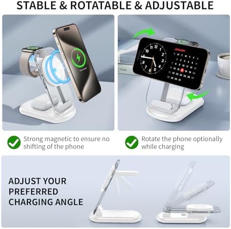 2025 Magnetic 3-in-1 Wireless Charging Station for i Phones, Apple Watches, and Air Pods – Fast Travel Charger with Integrated Light Indicator – Compact Design for Ultimate Portability – Perfect Gift for Tech-Savvy Couples – Compatible with i Phone 16, 15, 14, 13, 12 Pro Max Plus, Air Pods 4, 3, 2, Pro and Apple Watch Series – Enhance Your Charging Experience with Rapid Power-Up Technology