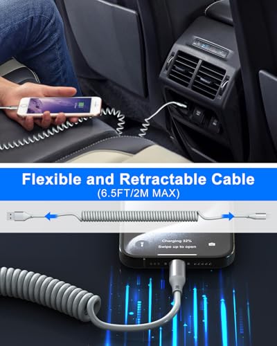 Revolutionary Coiled USB-C to Lightning Charging Cable – MFi Certified for Apple Carplay Compatibility, Fast Data Transfer, and Retractable Design for i Phone, i Pad, and i Pod – Optimal Flexibility and LED Charging Indicator for Ultimate Convenience