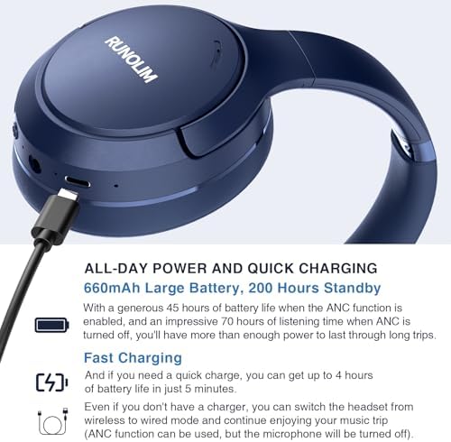 RUNOLIM Wireless Over-Ear Noise Cancelling Headphones – 70-Hour Playtime, Superior Hi-Fi Sound with Rich Bass, Foldable & Portable Design, Built-In Microphone for Easy Calls – Ideal for Home, Travel, and Office Use