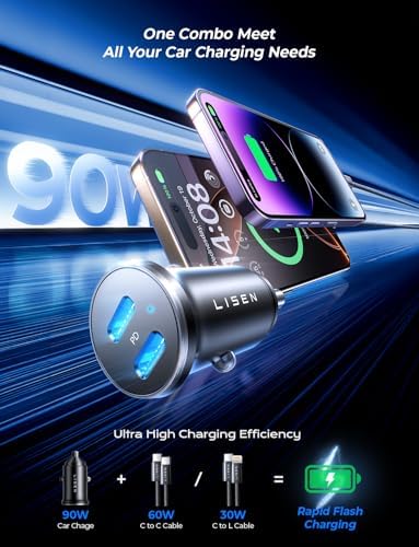LISEN 90 W USB C Car Charger – Dual Fast Charging Adapter with PD 45 W for i Phone 16/15/14/13/12 Pro Max & Galaxy S25/S24/S23 – Includes 2 High-Quality Cables for Ultimate Compatibility & Speed on the Go