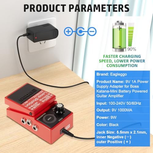 Ultra-Reliable 9 V AC Power Supply Adapter for Boss Katana Mini Guitar Amplifier – Essential Charger for DS-1, RC-1, RC-3, TU-2, PSB-1 U Pedals – 6.5 ft Durable Cable for Maximum Flexibility and Rapid Charging – EAGLEGGO Premium Power Solution for Uninterrupted Performance