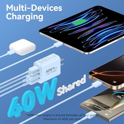 40 W USB C Charger Block – Dual Pack of 4-Port Fast Charging Power Bricks with PD & QC 3.0 Technology for i Phone 16/15/14/13/12/11 Pro Max, i Pad, Galaxy, Pixel – Sleek White & Blue Design for Convenient Multi-Device Charging