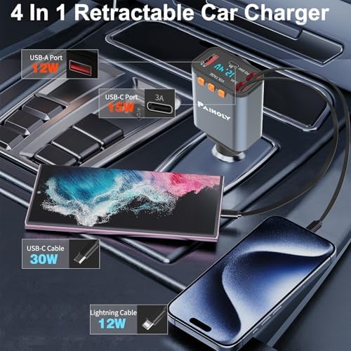 Paiholy 66 W 4-in-1 Retractable Car Charger – Dual USB Fast Charging Station with Dual i Phone Cables for i Phone 14/13/12/11 Pro Max/XS MAX and i Pad – Real-Time Voltage Display, Compact Design for Effortless Travel Convenience
