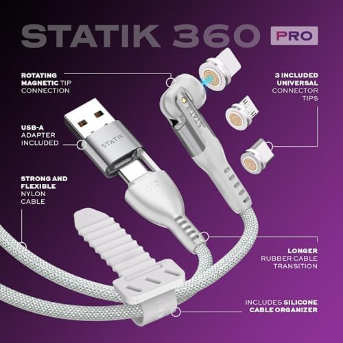 Upgrade Your Power Experience with the Statik 360 Pro Magnetic Charging Cable – Ultimate 3-in-1 Solution for USB C, Micro USB & USB A Devices, 100 W Fast Charging Technology, Sturdy Black Design, 3 ft Length for Maximum Portability and Comprehensive Compatibility with Smartphones, Tablets & Laptops