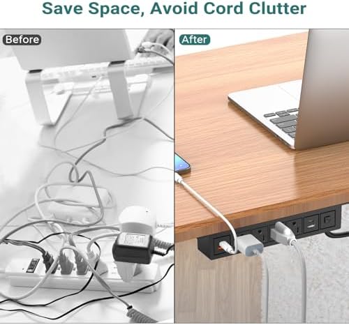 Maximize Productivity with QBA 8-in-1 Under Desk Power Strip – 20 W USB-C Fast Charging, 4 AC Outlets, 2 USB-A Ports, 6 FT Cable, Desk Mountable Power Hub for Home Office & Conference Room – ETL Listed for Safety and Reliability