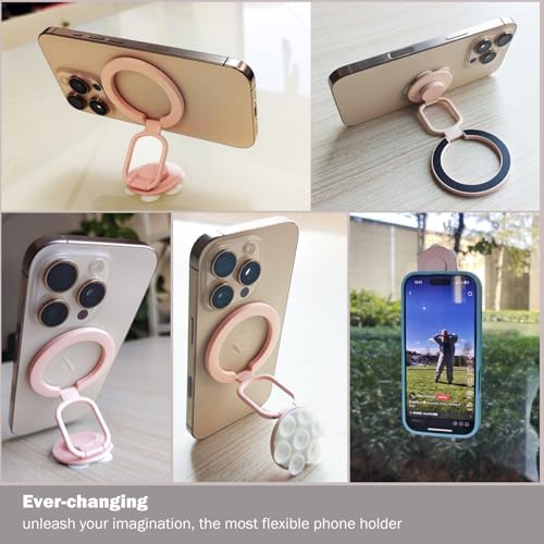 Versatile Magnetic Phone Holder with Suction Cup – Multifunctional Stand, Ring Grip, and Kickstand for i Phone 16/15/14/13/12 Series & Mag Safe (Elegant Pink) – Experience Enhanced Stability and Style