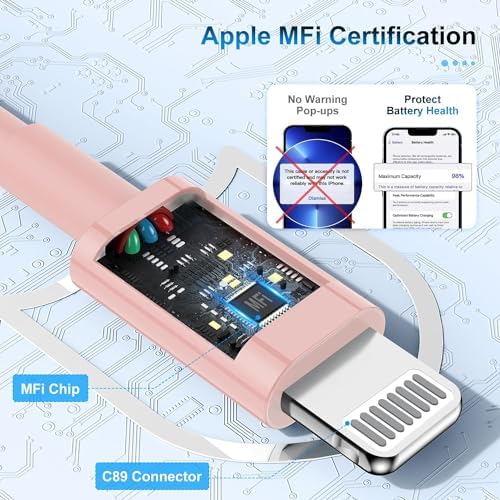Dual Pack 6 Ft Apple MFi Certified Lightning to USB Charging Cables – Fast 2.4 A Power for i Phone 14/13/12/11/X/XS/XR/8/7/6/SE Plus Pro Max Mini – Durable and Flexible Design for Home, Office, and Travel Use – Enhanced Compatibility and Speed for Seamless Charging Experience