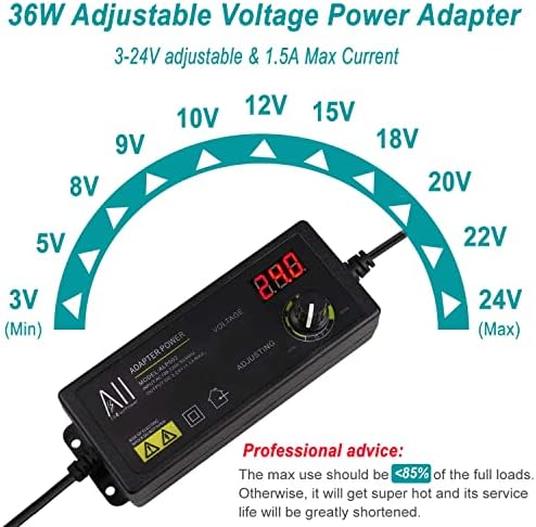 Versatile 3 V-24 V DC Power Supply Adapter – 1.5 A 36 W Adjustable Voltage Converter with LED Volt Display, 8 Interchangeable Plugs & Polarity Reversal Cord for Ultimate Compatibility in Electronic Projects
