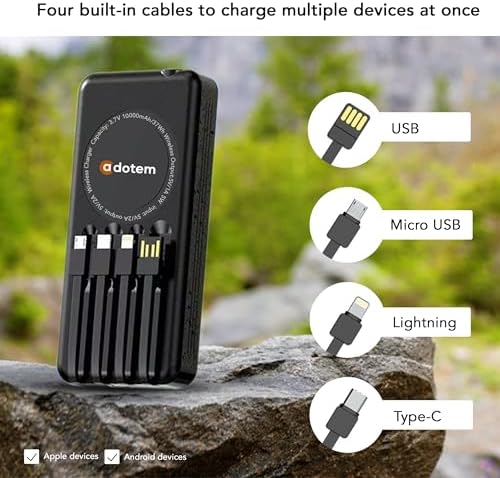 Ultimate Portable Solar Power Bank with Integrated Charging Cables – 10,000 m Ah Waterproof Battery Pack for Phones Featuring USB, Micro USB, Lightning, Type-C, and Wireless Charging – Perfect for Outdoor Adventures and Daily Use (Black Blue)