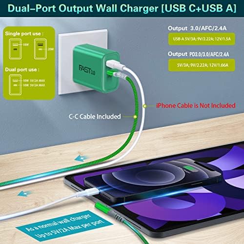 Dual Port Fast Charging Wall Adapter with 10 FT Right-Angle USB C Cable – 20 W USB-C Power Block for i Phone 16/15, Samsung Galaxy S25 Ultra, S24, S23, S10 – Efficient Charging Convenience for Home, Office, and Travel