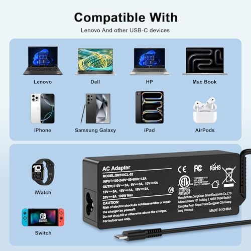 Ultimate 100 W USB-C Fast Charger Power Adapter – Exceptional Compatibility for Lenovo Think Pad, Mac Book Pro/Air, i Pad Pro, HP, Dell, Asus, and All USB-C Devices – Unmatched Speed & Versatility for Efficient Charging