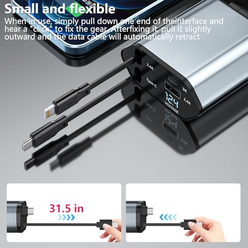 Ultimate Retractable Car Charger – 120 W Power Output, 4-Port Rapid Charging Hub with 2.7 Ft Tangle-Free Cables for i OS & Android Devices, Ideal for Road Trips and Family Travel, Compact Design for Seamless Vehicle Integration