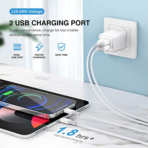 Dual-Port i Phone Fast Charger with 6.6 FT Nylon Braided Lightning Cable – Efficient Dual Device Charging Adapter for i Phone 14, 13, 12 Pro Max, 11, SE & i Pad – MFi Certified Power Solution for Rapid Charging and Enhanced Durability