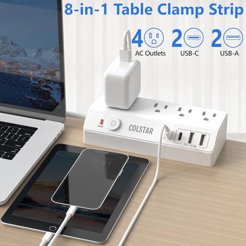 Revolutionize Your Workspace with the Desk Clamp Power Strip Featuring 4 AC Outlets and 4 USB Ports, Including PD 20 W Fast Charging – 10 FT Extension Cord for Ultimate Flexibility, Surge Protection, and Sleek Design for Office Efficiency in White