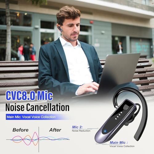 Atheewon Bluetooth Earpiece: Premium Wireless Headset with Advanced Noise-Cancellation | 20-Hour Talk Time & 180-Hour Standby for Ultimate Convenience | Perfectly Ergonomic Design in Modern Silver and White | Bluetooth 5.4 Technology for Reliable Connectivity | Ideal for Business Professionals, Truckers, and Drivers Seeking Crystal-Clear Communication