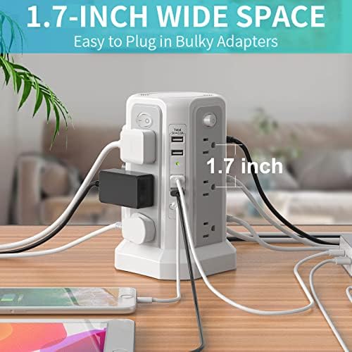 Maximize Power Distribution with the PASSUS Surge Protector Tower – 12 AC Outlets, 5 USB Ports Including 18 W USB C, 10 FT Extension Cord, Space-Saving Flat Plug, Overload Protection for Home and Office Use – Ideal for Multiple Devices and Rapid Charging Solutions