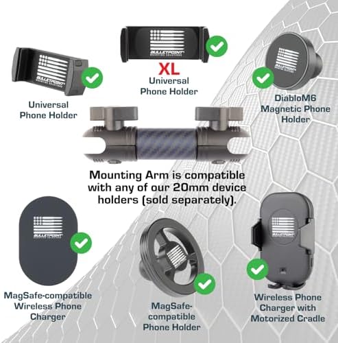 Revolutionize Your Drive with the Bulletpoint Dash Mount – 4.7″ Adjustable Arm for i Phone & Android Smartphones, Built with Carbon Fiber & Kevlar for Ultimate Durability, Compatible with 20 mm Ball Mounts – Effortless Access to Navigation & Calls