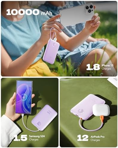 Slim Pink Portable Charger 10000 m Ah – USB-C Power Bank with Built-in Cable & LED Display for Fast Charging – Travel-Friendly Battery Pack Compatible with i Phone 16, 15, Samsung S24, S23 – Ultimate Convenience & Style