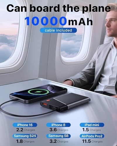 Ultra-Slim 10000 m Ah Power Bank with 22.5 W PD Fast Charging – Built-in USB-C Cable for i Phone 16/15/14, Samsung S24 & More – Lightweight Travel Essential with 15-Layer Safety Protection & Multiple Device Charging Capability