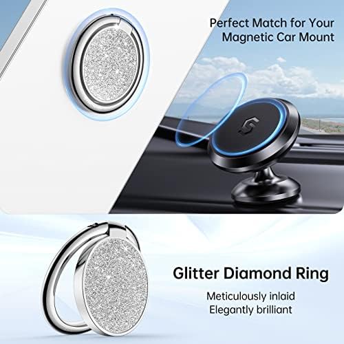 Sparkling 360° Rotation Phone Ring Holder – Bling Bling Finger Kickstand for Enhanced Grip and Stability – Premium Zinc Alloy Design for i Phone, Samsung, Pixel & All Smartphones – Secure Adhesive, Versatile Stand, and Magnetic Car Mount Compatible – Glitter Silver Finish for a Touch of Elegance