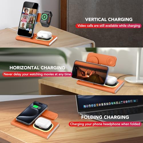 Ultra-Convenient 3-in-1 Foldable Wireless Charging Dock for Apple Devices – Rapid Power-Up Station for i Phone 16/15/14/13/12/11/X/XS, Apple Watch Series 10/9/8/7/Ultra2/Ultra/SE, and Air Pods Pro/2/3/4 – Lightweight Travel Charger with Integrated LED Light for Enhanced Portability and Efficiency