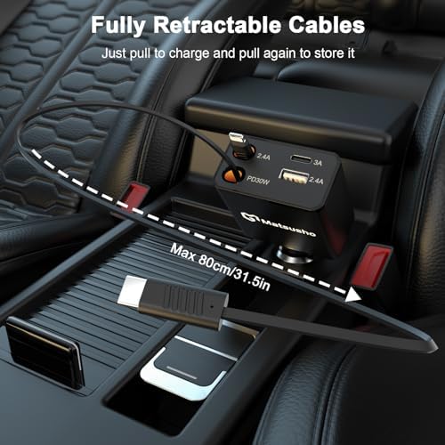 Ultimate 120 W Retractable Car Charger – 4-in-1 Super Fast Charging Solution with Dual USB Ports and 2.6 FT Tangle-Free Cable – Perfect for i Phone 16/15/14/13/12/11 Pro Max & Galaxy S24/S23 – Enhance Your Driving Experience with Reliable Power Adaptability