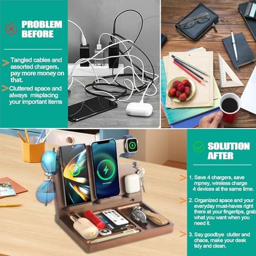 Elegant 3-in-1 Wood Wireless Charging Station for i Phone, Apple Watch & Air Pods – 27 W Fast Charge Nightstand Organizer – Ideal Gift for Men’s Birthdays & Anniversaries – Sleek Design for Clutter-Free Spaces