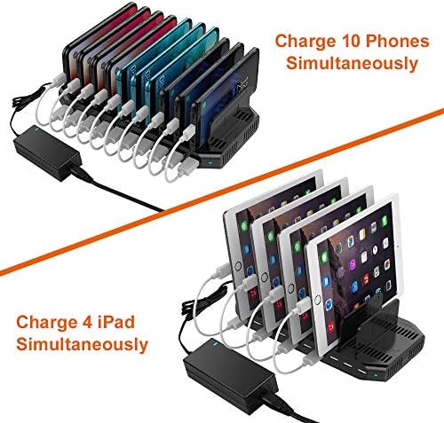 Alxum 60 W 10-Port USB Charging Station – Multi-Device Fast Charger Hub for i Pad, i Phone XS Max, Samsung Galaxy & More – Smart Technology for Optimal Charging Speed & Safety – Compact Organizer Stand for Home & Office Use