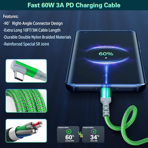Dual Port Fast Charging Wall Adapter with 10 FT Right-Angle USB C Cable – 20 W USB-C Power Block for i Phone 16/15, Samsung Galaxy S25 Ultra, S24, S23, S10 – Efficient Charging Convenience for Home, Office, and Travel