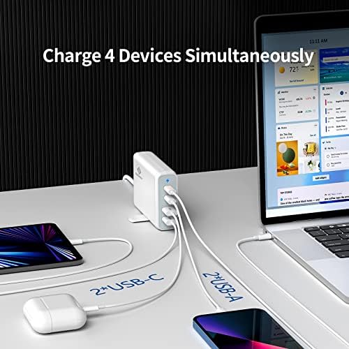 Ultra-Fast 4-Port USB Charger by EGOWAY – 90 W Compact Wall Charger with Dual 60 W & 18 W USB-C Ports Plus 12 W USB-A for i Phone 15/14 Pro Max, Galaxy, and More – Efficient Power Delivery & Travel-Friendly Design – Tidy Desktop with 360° Rotatable Trestle