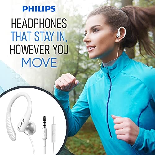 PHILIPS Over The Ear Sports Earbuds – Flexible Wrap-Around Headphones with Sweat-Resistant Design for Gym, Running, and Fitness Activities – Immersive Sound Quality with Built-In Microphone for Calls – Perfect for Active Lifestyles (White)