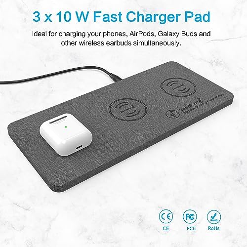 Zeal Sound Ultra-Slim Triple Wireless Charging Hub – Fast, Elegant PU Leather Charger Pad for Smartphones, Air Pods & Qi-Compatible Devices – Non-Slip Design with AC Adapter for Home & Office Efficiency