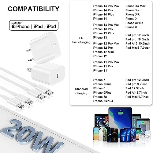 Enhanced Charging Trio: MFi Certified Fast Charger Pack for i Phone – 3 Quick Charging Blocks & 10 ft USB-C to Lightning Cable for Models 14, 13, 12, 11, X – Unmatched Speed and Versatility for Seamless Power Solutions
