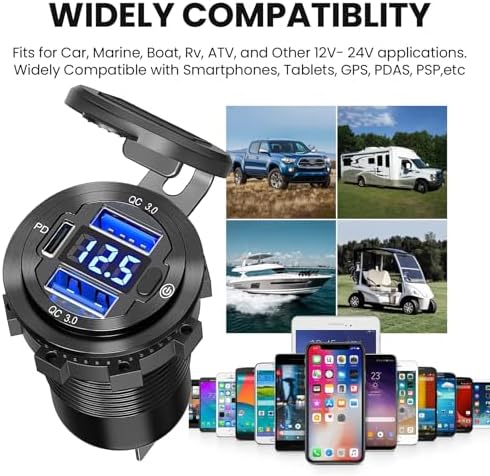 Versatile 12 V USB Car Socket with 3 Ports – Waterproof Marine-Grade Aluminum Quick Charge Adapter for Cars, Boats, RVs, and More (2 QC + 1 PD) – Efficient Multi-Device Charging Solution for On-the-Go Power Needs