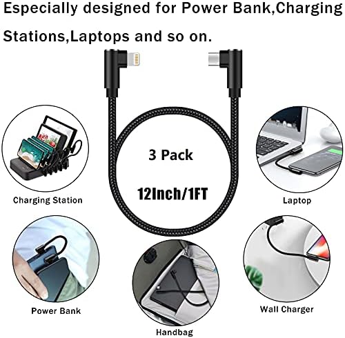 Premium 3-Pack USB C to Lightning Cable 3 ft – MFi Certified Fast Charging with 90-Degree Right Angle Connector – Durable Nylon Braided Design for i Phone 13, 12, 11, Pro, X, XS, XR, 8 Plus, 7, 6, 5 – Ultimate Convenience for Gaming and Streaming – Reliable Data Transfer and Syncing Solutions – Tangle-Free, Long-Lasting Performance in Stylish Black Finish