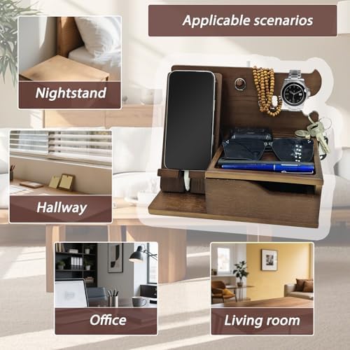 Sleek 3-in-1 Wood Phone Docking Station with Hidden Charging Hole & Drawer – Multifunctional Organizer for Phones, Keys, Glasses & Accessories, Ideal Men’s Desk Solution (Brown) – Premium Quality & Enhanced Compatibility