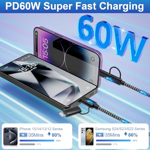 Experience the Ultimate Convenience with a 20 FT MFi Certified i Phone Charger Cord – Versatile 4-in-1 USB-C and Lightning Fast Charging Cable for i Phone, i Pad Pro, Galaxy, Mac Book, and Huawei Devices – Durable Nylon Braided Design for Long-Lasting Performance and Enhanced Charging Speed up to 60 W – Perfect for Seamless Data Transfer and Flexible Device Use at Home or Office