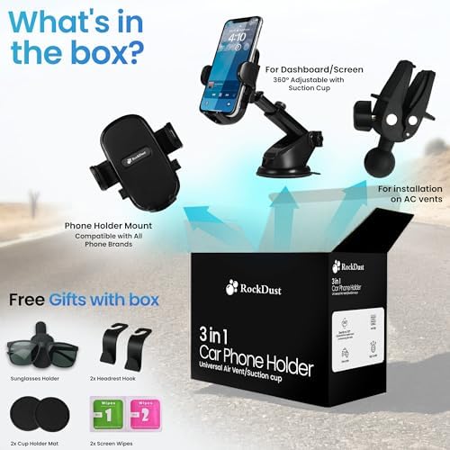 Ultimate 3-in-1 Heavy Duty Car Phone Holder for Windshield & Dashboard | Universal Mount with Bonus Accessories Including Cup Holder Pads, Sunglass Holder & Headrest Hooks | Compatible with i Phone & Samsung | Enhance Driving Safety & Convenience