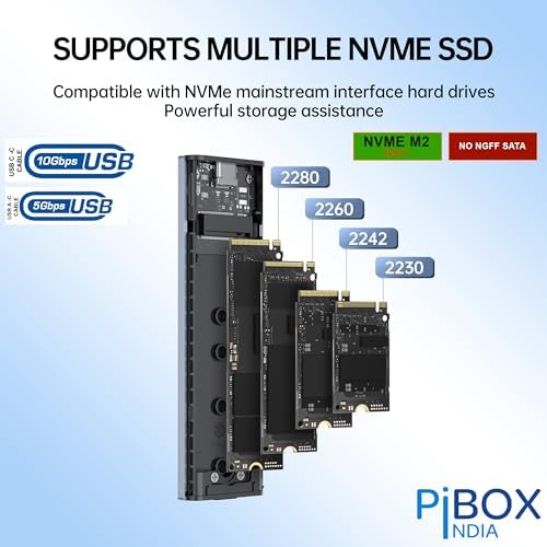High-Speed Pibox India NVMe M2 Enclosure with Fan – USB 3.2 10 Gbps Tool-Free SSD Adapter for 2230/2242/2260/2280 M & B&M Keys – PCI-E NVMe Reader with Enhanced RTL9210 Performance and Heat Dissipation Solutions
