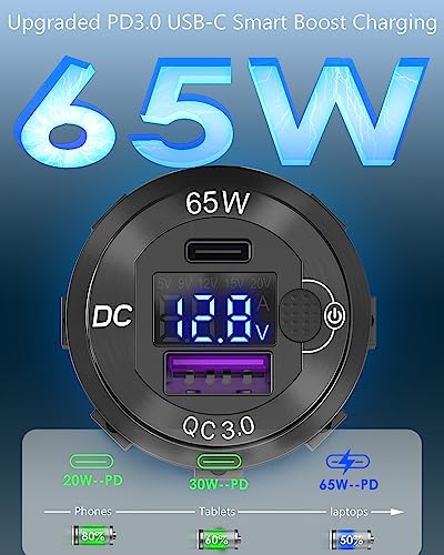 Qidoe 12 V USB Laptop Charger Socket – 65 W PD USB-C & 18 W QC3.0 Car Charger with Integrated Digital Voltmeter for Fast Charging in Cars, RVs, and Boats – Durable Aluminum Design for Enhanced Device Compatibility and Safety Monitoring