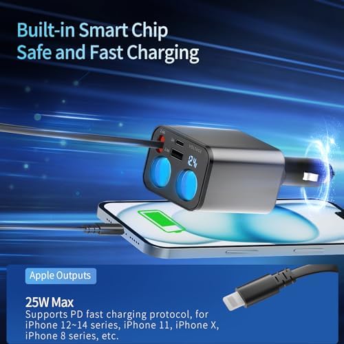 Paiholy Advanced 5-in-1 Retractable Car Charger with Dual USB Ports and Dual Cigarette Lighter Outlets – 159 W Fast Charging Solution for i Phone and All Car Electronics – Clutter-Free Design for Ultimate Travel Convenience