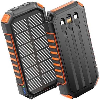 Hiluckey 27,000 m Ah Solar Power Bank with Built-in Cables – Ultra-Fast 15 W Outdoor Battery Pack for i Phone & Android – Charge 5 Devices at Once with Dual USB-A & USB-C Ports – Perfect for Camping, Travel, and Emergency Power Needs – Dual LED Flashlight for Enhanced Versatility and Safety