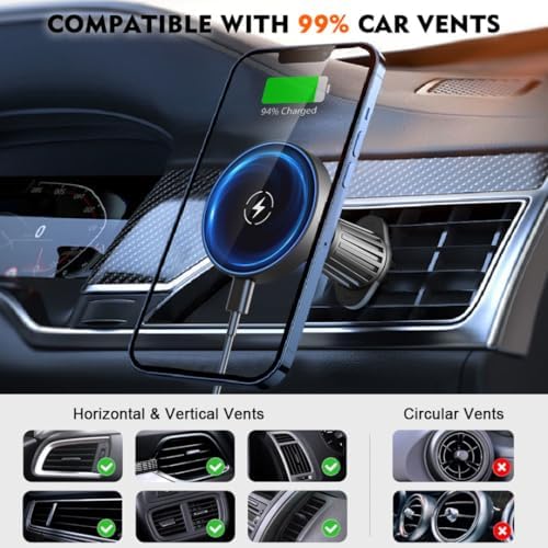 2025 Compatible with iPhone and Android Car Mount Charger for MagSafe 3-in-1 Wireless Fast Charging with Magnetic Suction Cup Mount for Windshield, Vent, or Dash, Type-C Input, 15W Output Power – Enhanced Compatibility and Speed