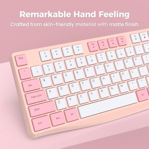 Lovaky Pink White Wireless Keyboard – Ergonomic Full Size Keyboard with Numeric Keypad for Laptops, Desktops, and More – 2.4 G Stable Connection with Enlarged Indicator Lights for Optimal Visibility and Comfort
