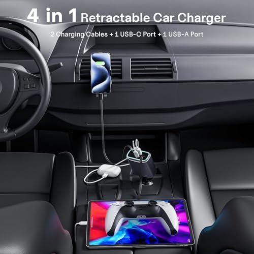 Revolutionary 131 W Retractable Car Charger – 4-in-1 USB-C Fast Charging Adapter with Dual Retractable Cables for i Phone 16/15/14/13 – Ultimate Car Accessory for Seamless Power and Connectivity – Perfect Gift for Tech-Savvy Drivers and Travelers – Compact Design with Enhanced Safety Features for Effortless Charging On-the-Go
