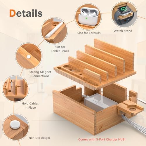 Bamboo Charging Station Organizer with 5-Port USB Hub and Charging Cables – Elegant Multi-Device Dock for Phones, Tablets, and Smartwatches – Eco-Friendly and Efficient Charging Solution for Home and Office Decor