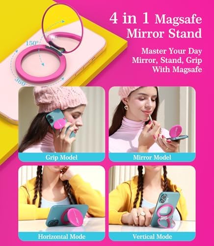 Cell Phone Stand Compatible with Magsafe Mirror Mount [Anti-Scratch & Portable] Girls Women Magnetic Travel Makeup Mirror Desk Fits for iPhone 16/15/14/13/12 Plus Pro Max (Pink) – Enhanced Compatibility and Speed